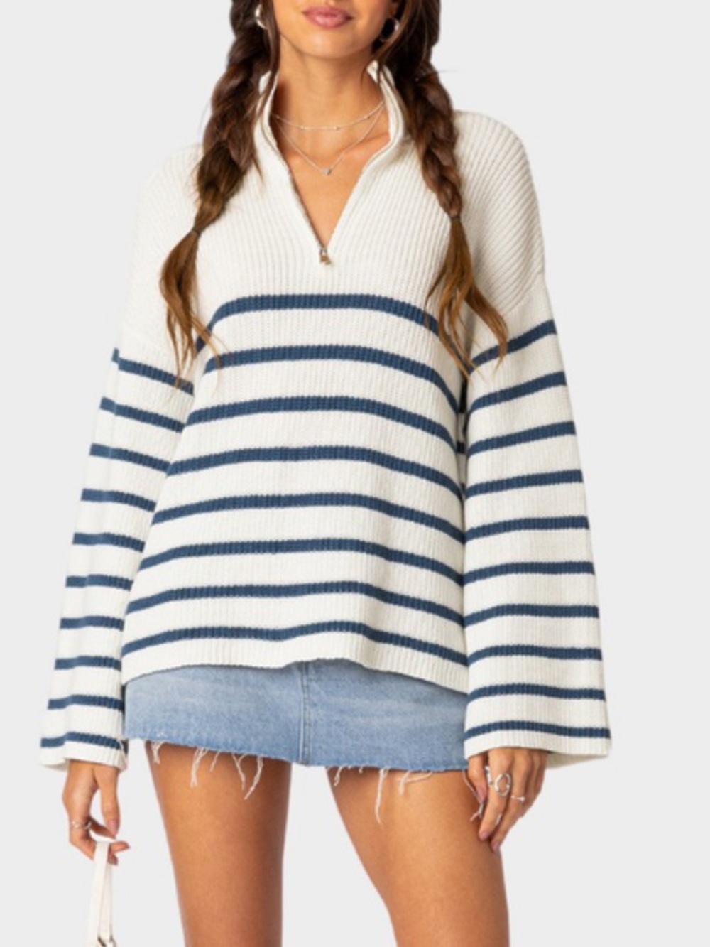 Edikted Preppy Nautical Striped Rib-Knit 1/4 Zip Sweater Size S Navy White Boxy